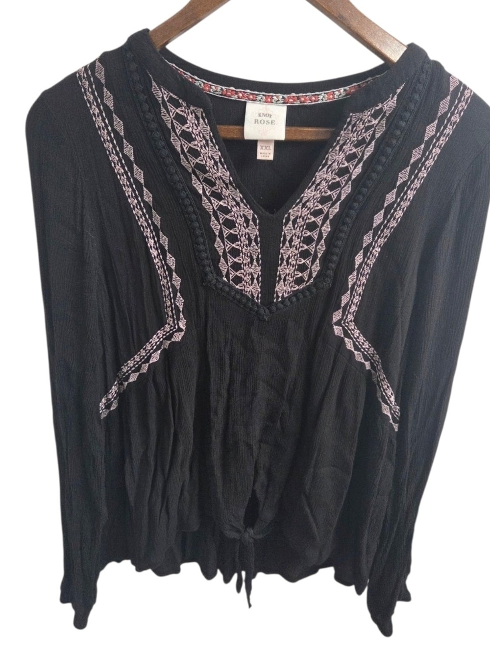 Knox Rose Black V-Neck Embroidered Tunic with Pink Trim Size XXL